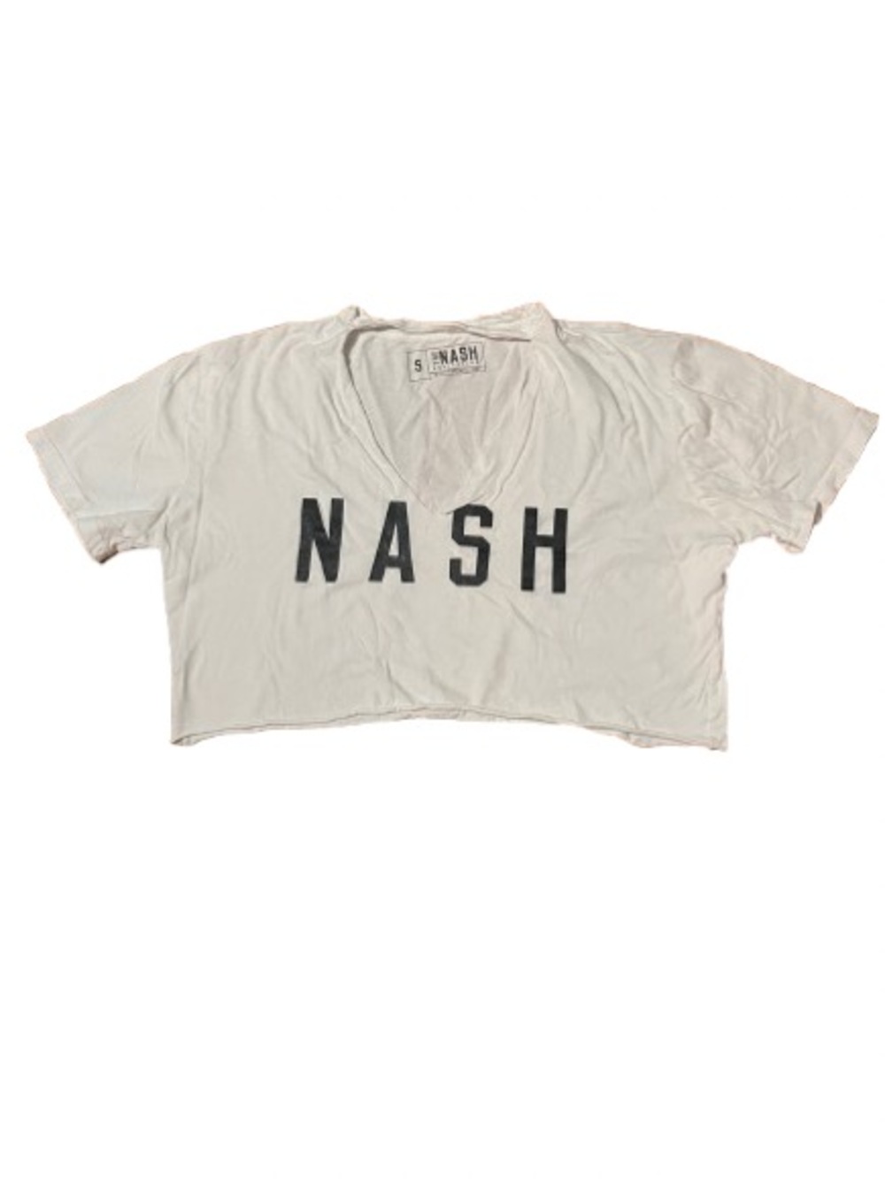The Nash Collection Cropped V-Neck Tee in White with 'NASH' Logo Size Small